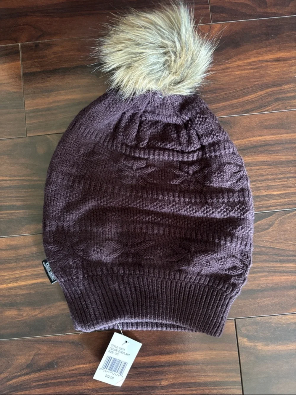 Muk Luks Deep Plum Knit Slouchy Beanie with Faux Fur Pom